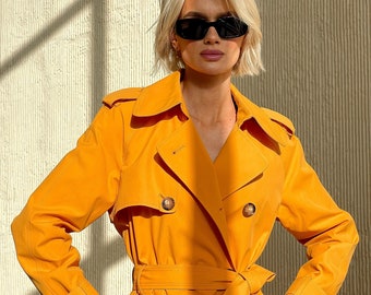 Yellow orange trench coat, Waterproof trench coat, Spring trench coat, Cotton trench, Lined jacket, Oversized coat, Long trench coat