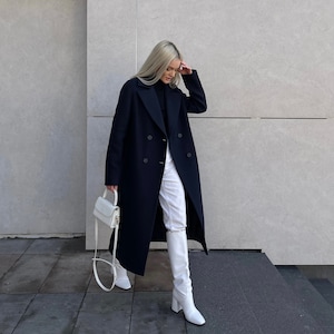 Navy blue wool coat, Long wool overcoat, Lined fall autumn coat with belt, Straight double-breasted drop shoulder coat /Slava_3