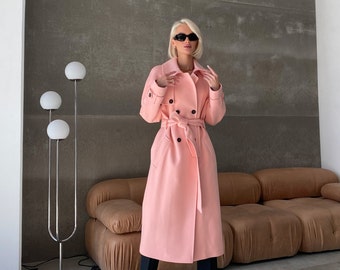 Light pink wool trench coat, Blush long overcoat with belt, Lined warm winter coat, Oversized soft woolen coat, Coat on sale /Helen