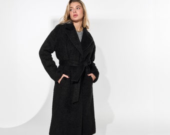 Black alpaca wool coat, Warm lined winter coat, Long single-breasted overcoat,Luxury heavyweight 100% alpaca wool blend coat with belt /Alya