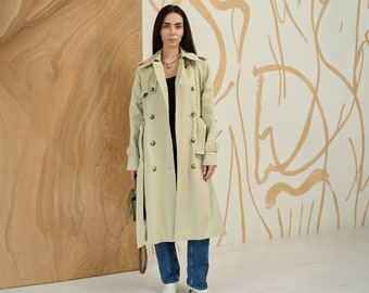 Beige trench coat, Light beige cotton fall coat, Long sage beige trench coat, Lined spring overcoat, Oversized trench with belt