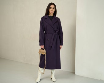 Long purple wrap wool coat, Lined warm winter overcoat, Dark eggplant purple maxi coat with belt, A-line oversized woolen coat /Lora