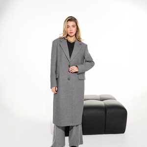 Light gray wool coat, Single-breasted power shoulder overcoat, Long oversized fall autumn coat, Boyfriend warm winter coat