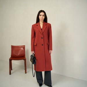 Terracotta long wool coat, Single-breasted rust power shoulder overcoat, Oversized fall coat, Boyfriend burnt orange red winter coat