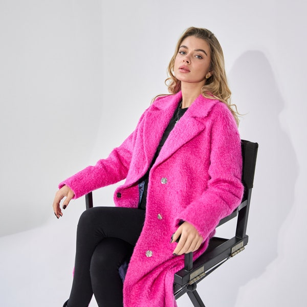 Hot pink alpaca wool coat, Fuchsia warm lined winter coat, Long single-breasted overcoat, Barbie pink pure 100% wool coat with belt /Alya