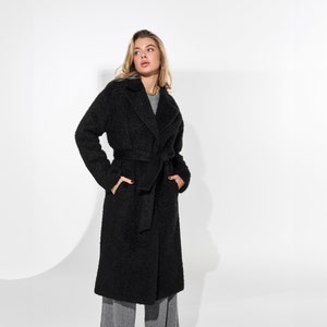 Black alpaca wool coat, Warm lined winter coat, Long single-breasted overcoat,  Luxury heavyweight alpaca coat with belt