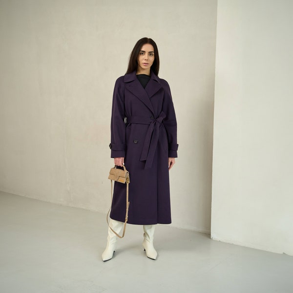 Long purple wrap wool coat, Lined warm winter overcoat, Dark eggplant purple maxi coat with belt, A-line oversized woolen coat /Lora