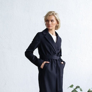 Navy cashmere coat, Wool coat women, Drop shoulder coat, Warm winter coat, Knee length overcoat, Fall overcoat with belt, Lined coat /Slava1
