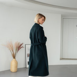 Long dark green wool coat, Emerald green overcoat, Lined fall winter coat, Double breasted wrap coat with belt /Jaklin image 7