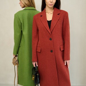 Terracotta long wool coat, Single-breasted rust power shoulder overcoat, Oversized fall coat, Boyfriend burnt orange red winter coat