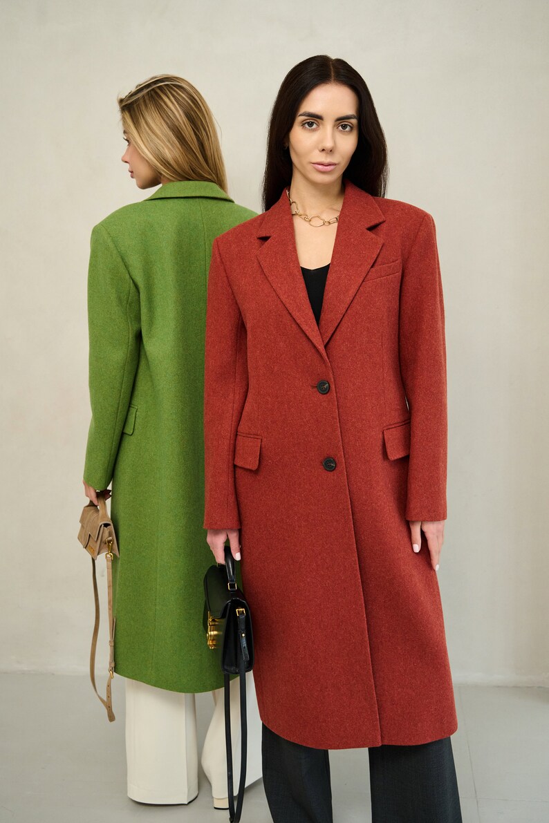 Terracotta long wool coat, Single-breasted rust power shoulder overcoat, Oversized fall coat, Boyfriend burnt orange red winter coat