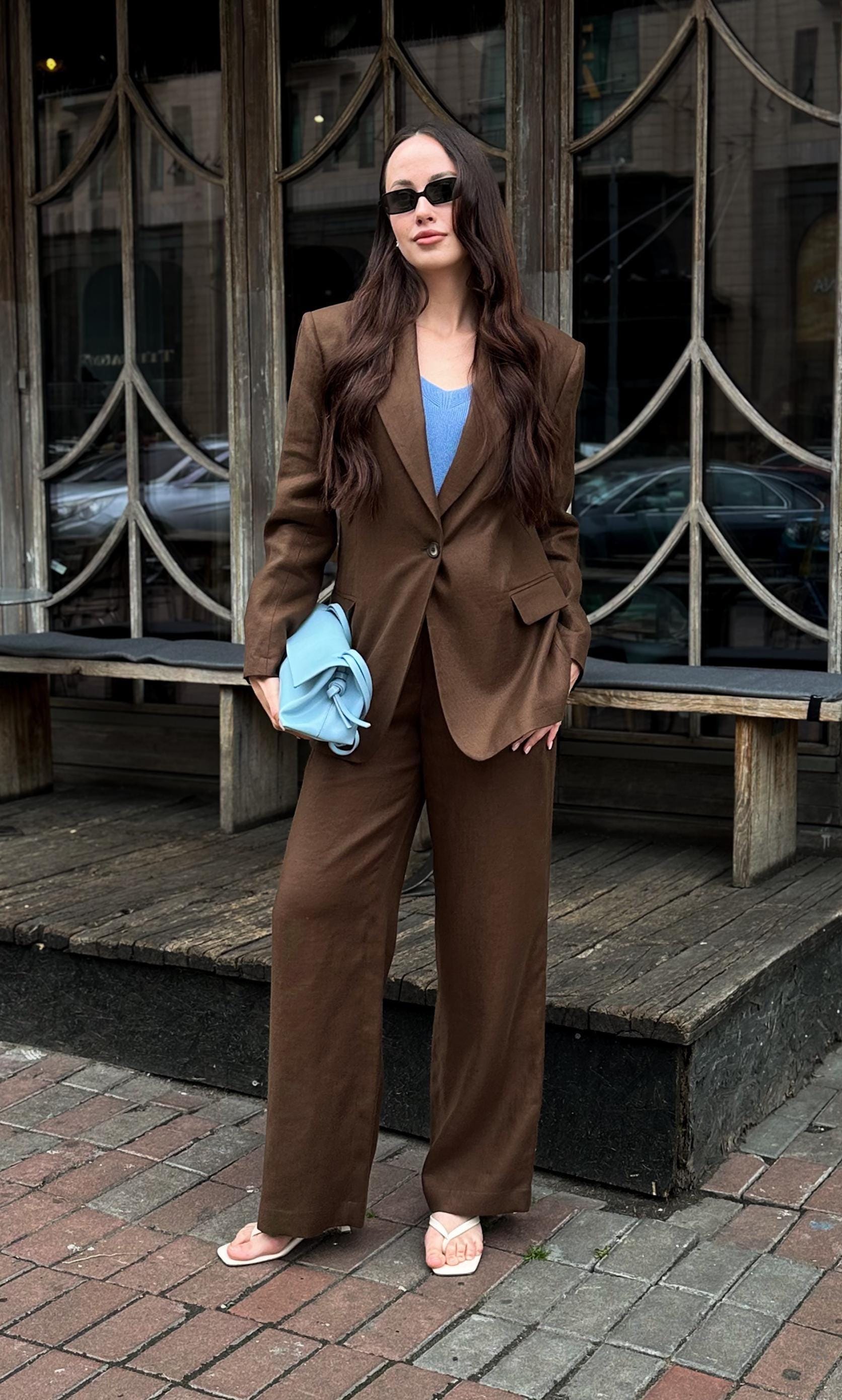 Chocolate Brown Linen Pant Suit, Single-breasted Blazer, Loro