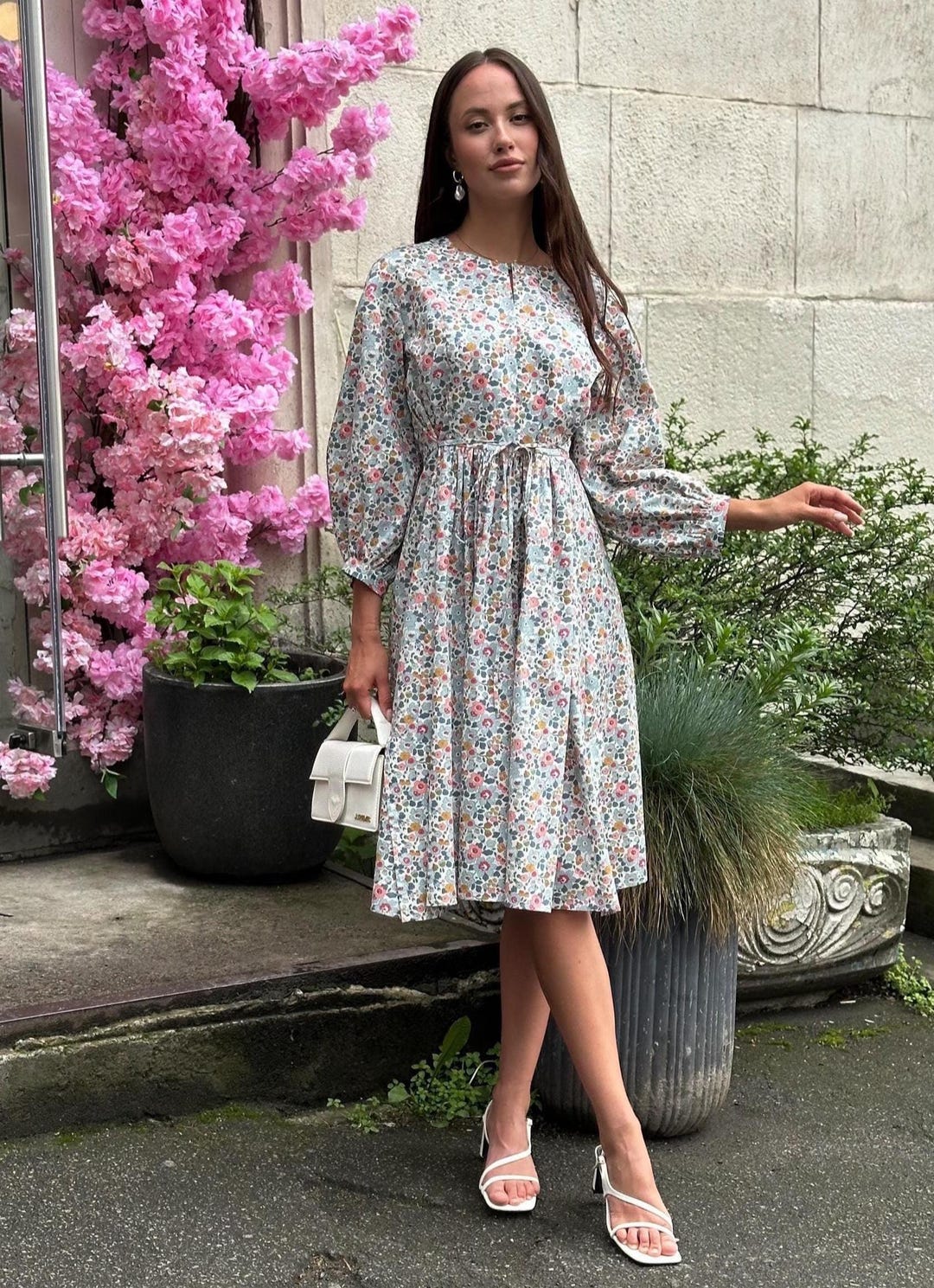 short sleeve fit and flare dress Abstract Flora Jacquard &  Emmelle Design providing a chic yet comfortable look Floral botanical flared short dress,