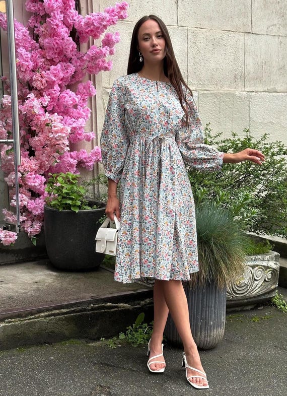 Floral Botanical Flared Short Dress, Puffed Bishop Sleeve Lightweight Summer  Dress, High Waist Cotton Loose Fitting Dress With Belt - Etsy