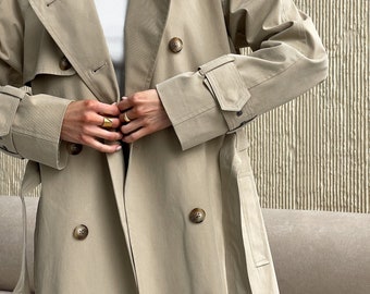 Beige Soft Trench Coat, Lightweight Thin Trench Coat, Long Sand