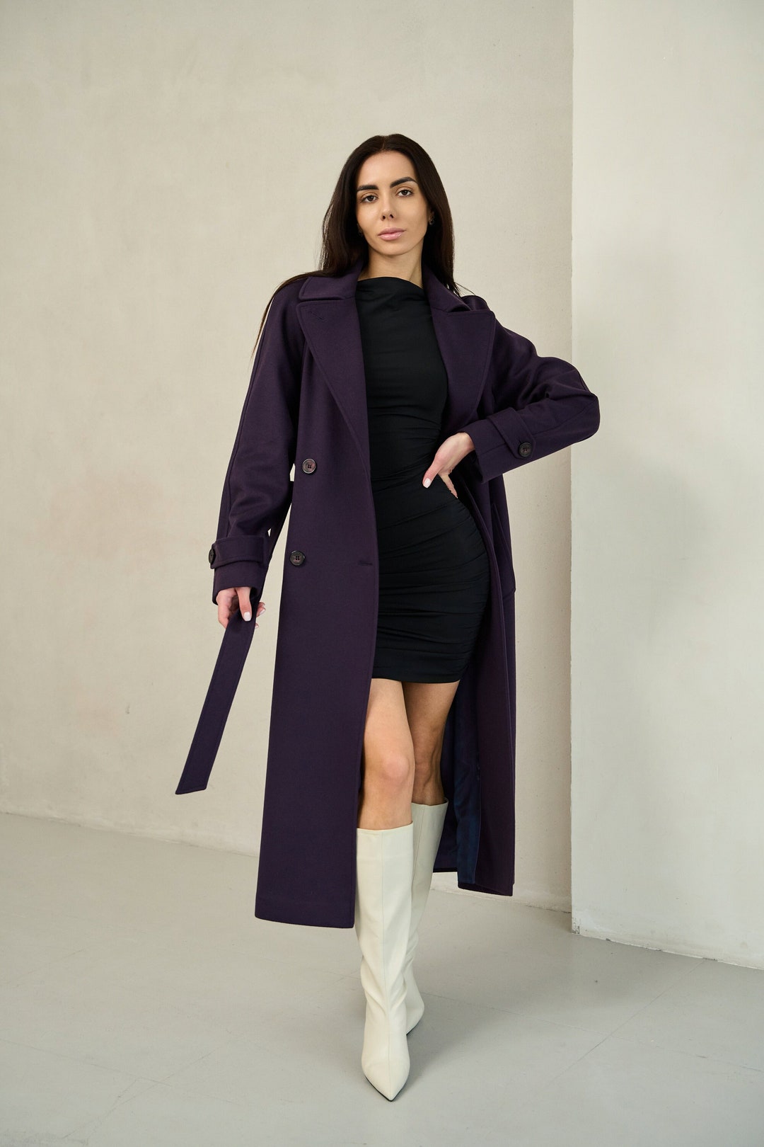 Elegant purple wool overcoat Loose fitting embroidery Winter coat patchwork jacket main image 0
