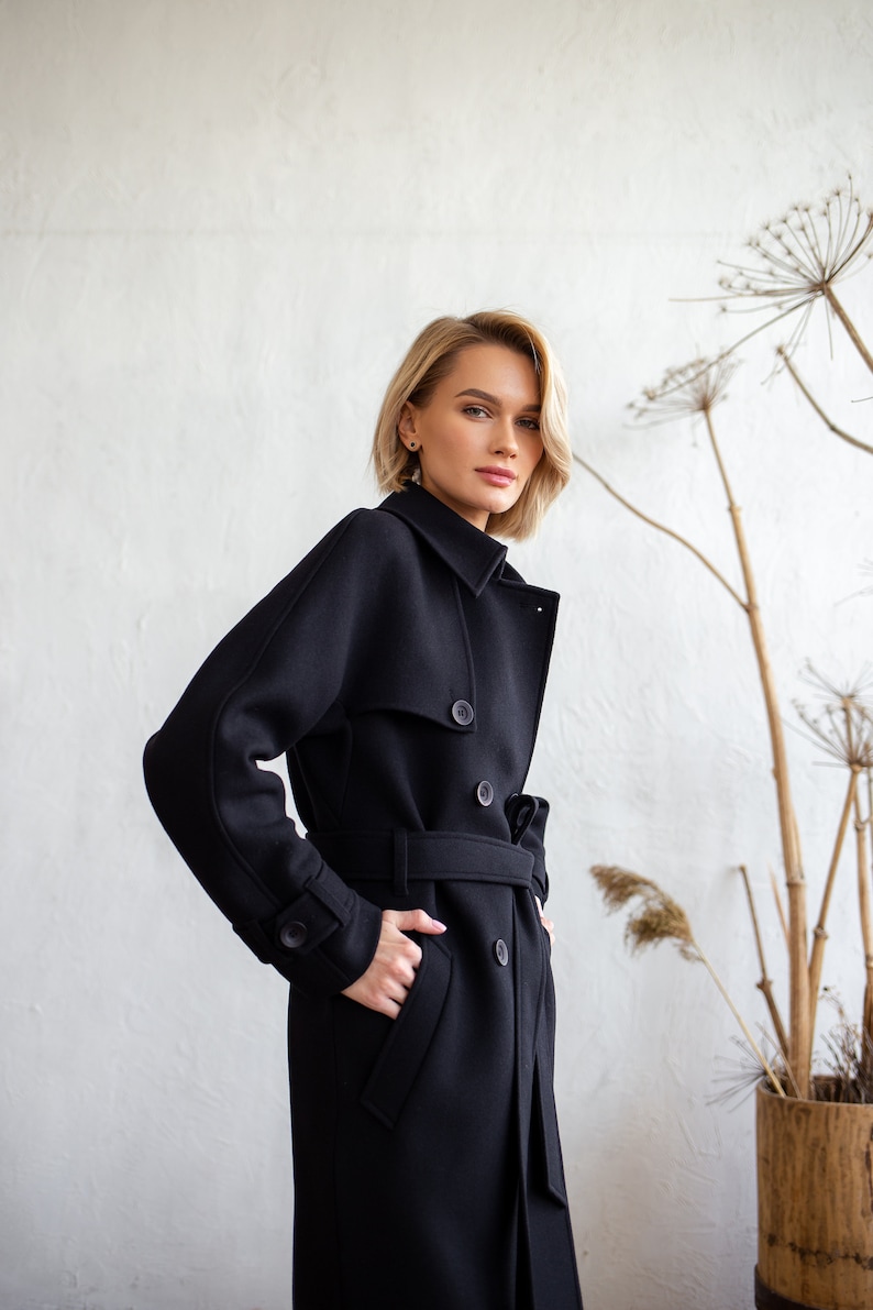 Black wool trench coat, Wool coat women, Winter trench coat, Warm winter coat, Oversized with belt, Raglan overcoat, Lined coat
