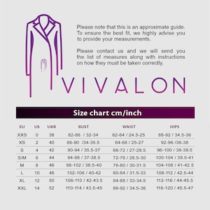 May include: Size chart for women's clothing in US, UKR, and EU sizes. The chart shows bust, waist, and hip measurements in inches and centimeters.