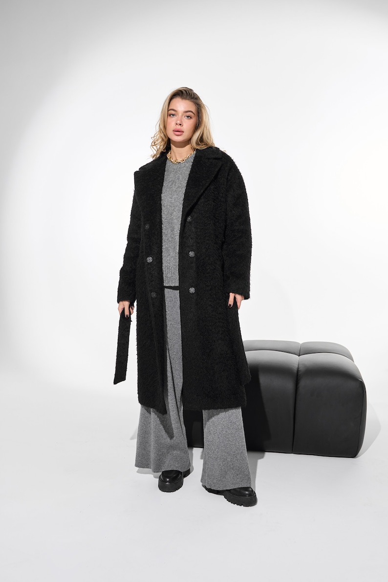 Black alpaca wool coat, Warm lined winter coat, Long single-breasted overcoat,Luxury heavyweight 100% alpaca wool blend coat with belt /Alya image 4