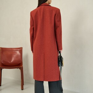 Terracotta long wool coat, Single-breasted rust power shoulder overcoat, Oversized fall coat, Boyfriend burnt orange red winter coat