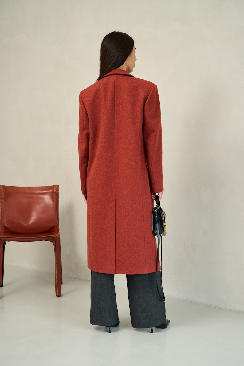 Terracotta long wool coat, Single-breasted rust power shoulder overcoat, Oversized fall coat, Boyfriend burnt orange red winter coat