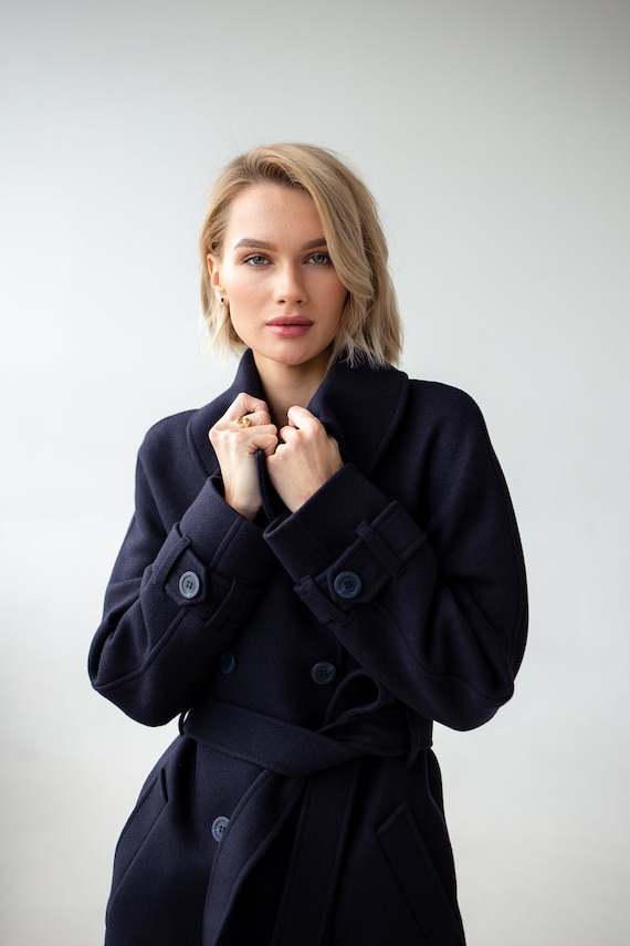 Wool Trench Coat, Navy Coat, Wool Coat Women, Fall Trench Coat