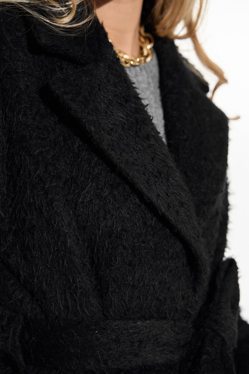 Black alpaca wool coat, Warm lined winter coat, Long single-breasted overcoat,Luxury heavyweight 100% alpaca wool blend coat with belt /Alya image 8