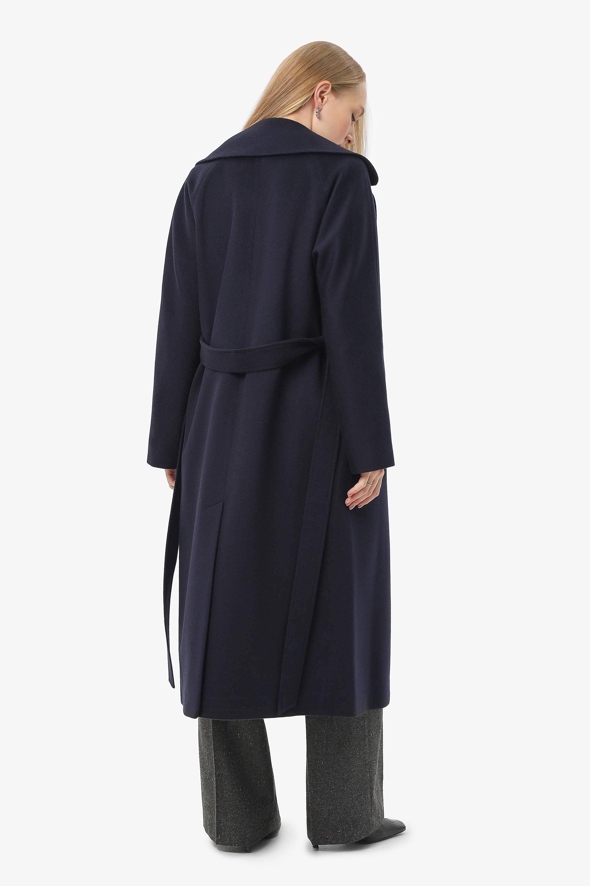 Navy Blue Long 100% Cashmere Coat, Luxury Wrap Overcoat With Belt