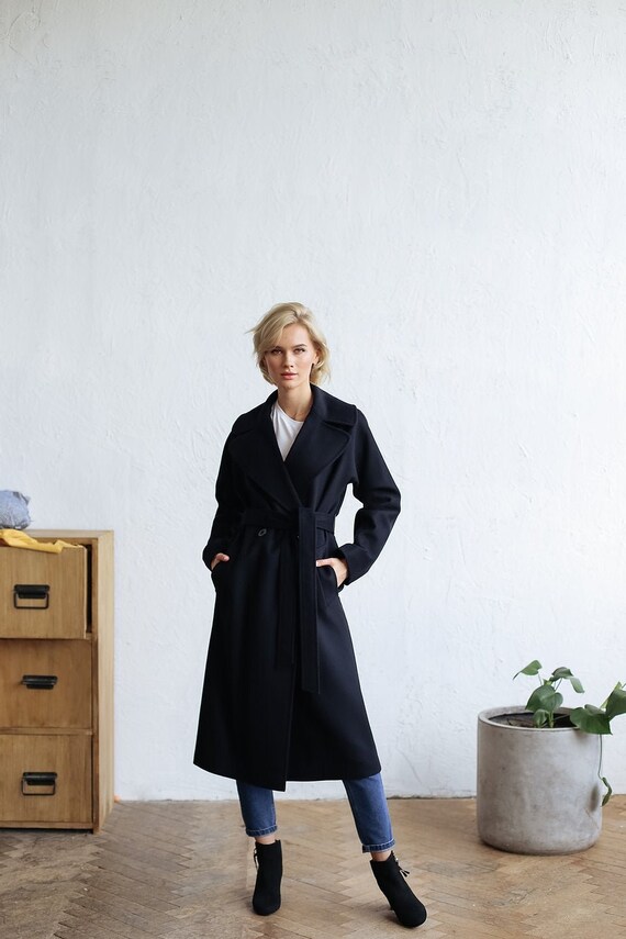 navy wool cashmere coat womens