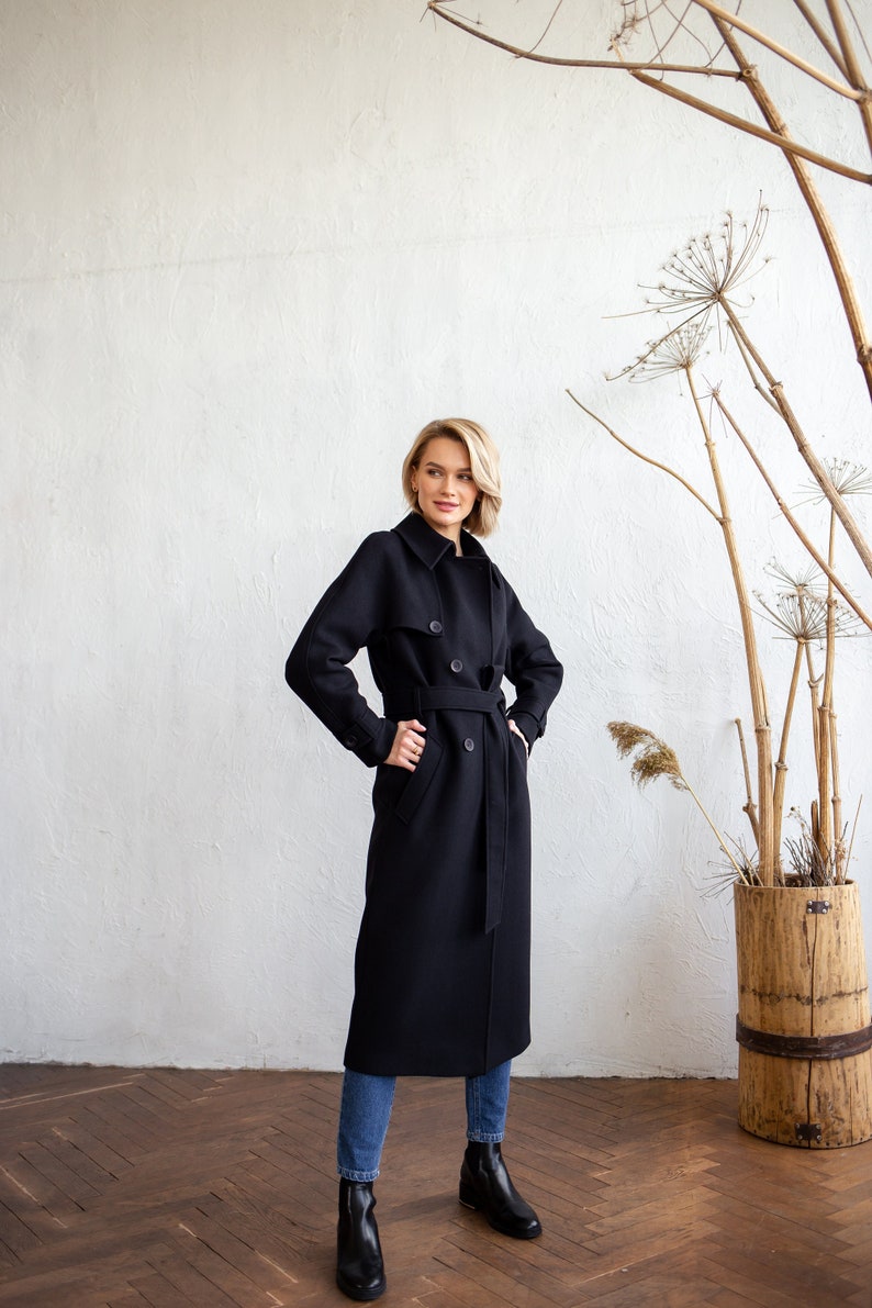 Black wool trench coat, Wool coat women, Winter trench coat, Warm winter coat, Oversized with belt, Raglan overcoat, Lined coat