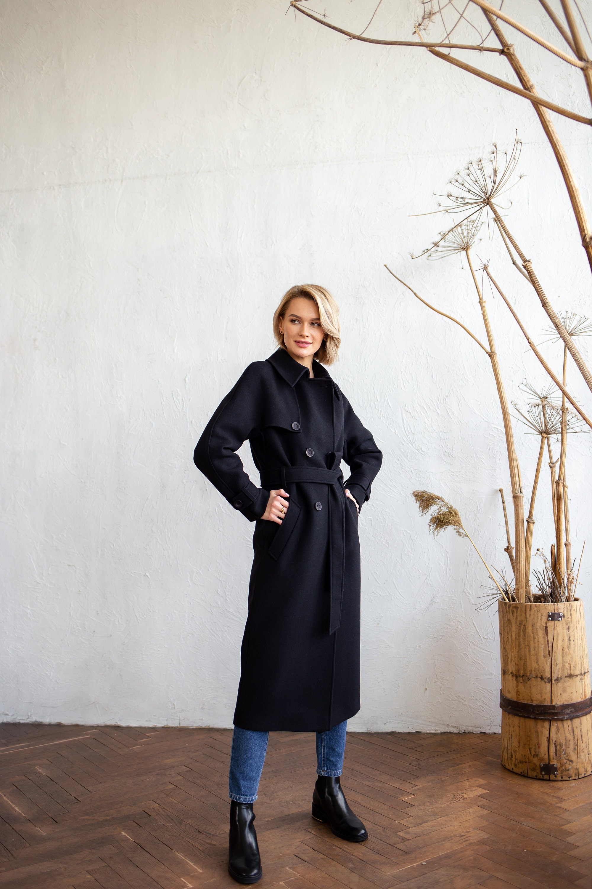 louren ローレン/Oversize wool trench coat Black Wool Trench Coat, Wool Coat Women, Winter Trench Coat