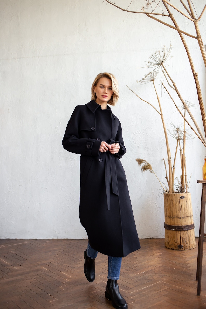 Black wool trench coat, Wool coat women, Winter trench coat, Warm winter coat, Oversized with belt, Raglan overcoat, Lined coat