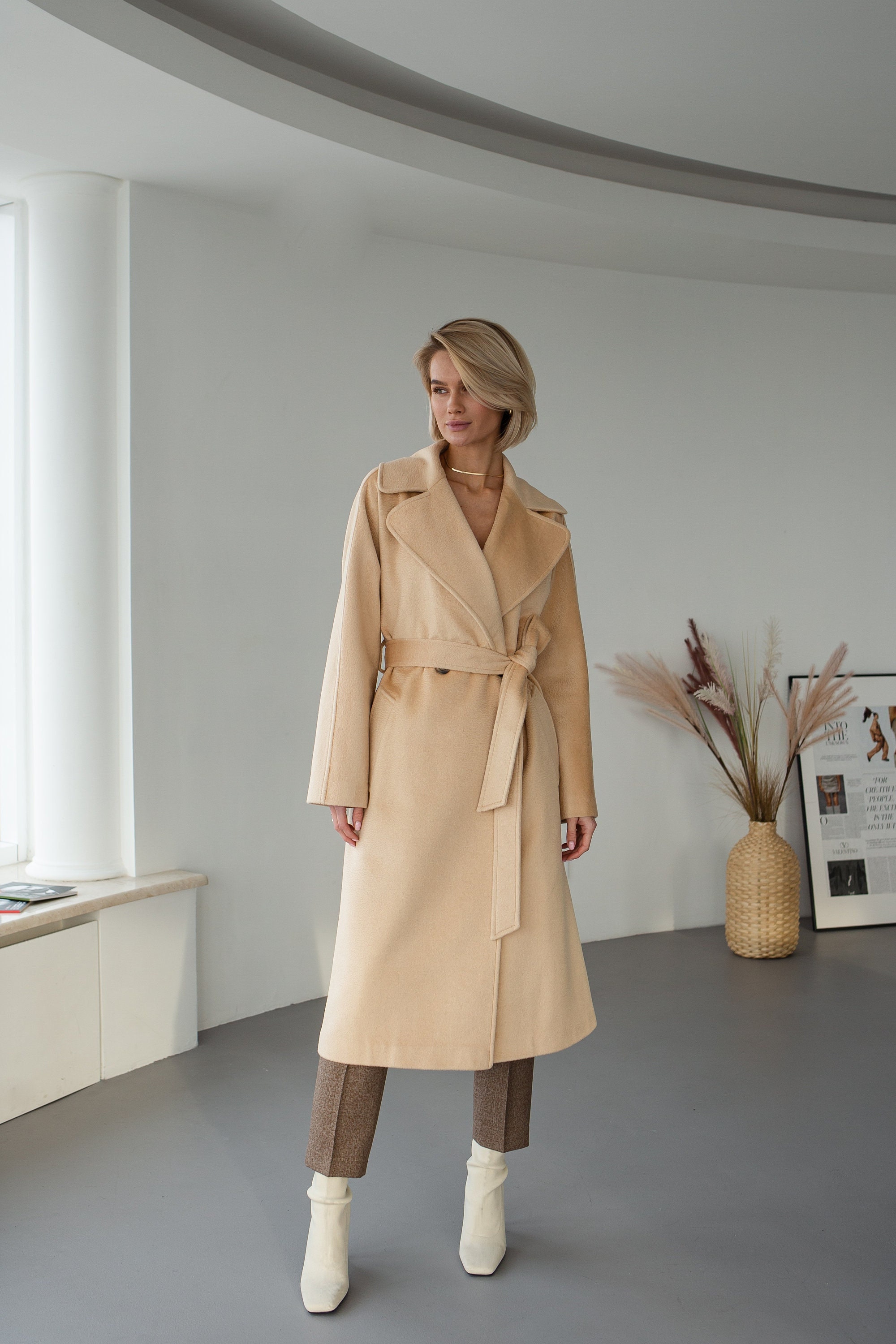 Cashmere Cream Coat, Beige Wool Coat, Double Breasted Cashmere