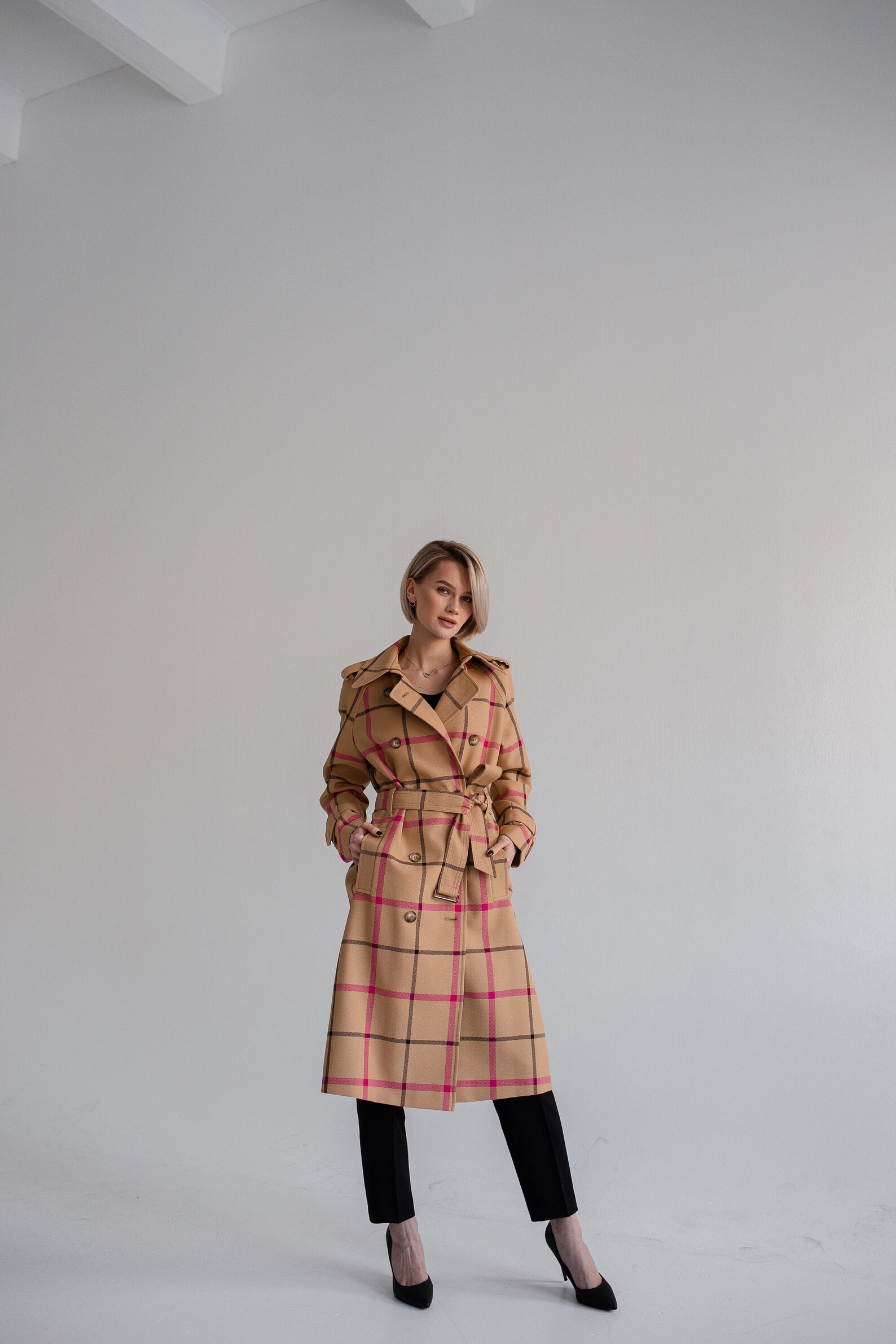 Trench coat women plaid trench coat Beige / pink / black Etsy