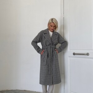 Striped gray wool coat, Wool Coat women, Lined fall winter coat, Single-breasted overcoat, Long oversized jacket, Drop shoulder coat /Alya image 7