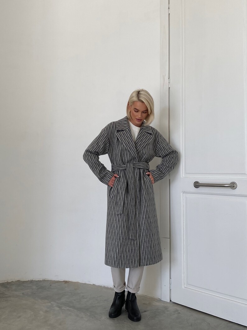Striped gray wool coat, Wool Coat women, Lined fall winter coat, Single-breasted overcoat, Long oversized jacket, Drop shoulder coat /Alya image 7