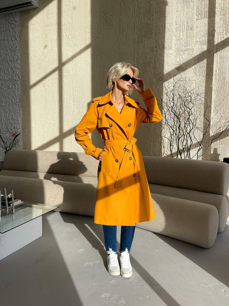 Yellow orange trench coat, Waterproof trench coat, Spring trench coat, Cotton trench, Lined jacket, Oversized coat, Long trench coat