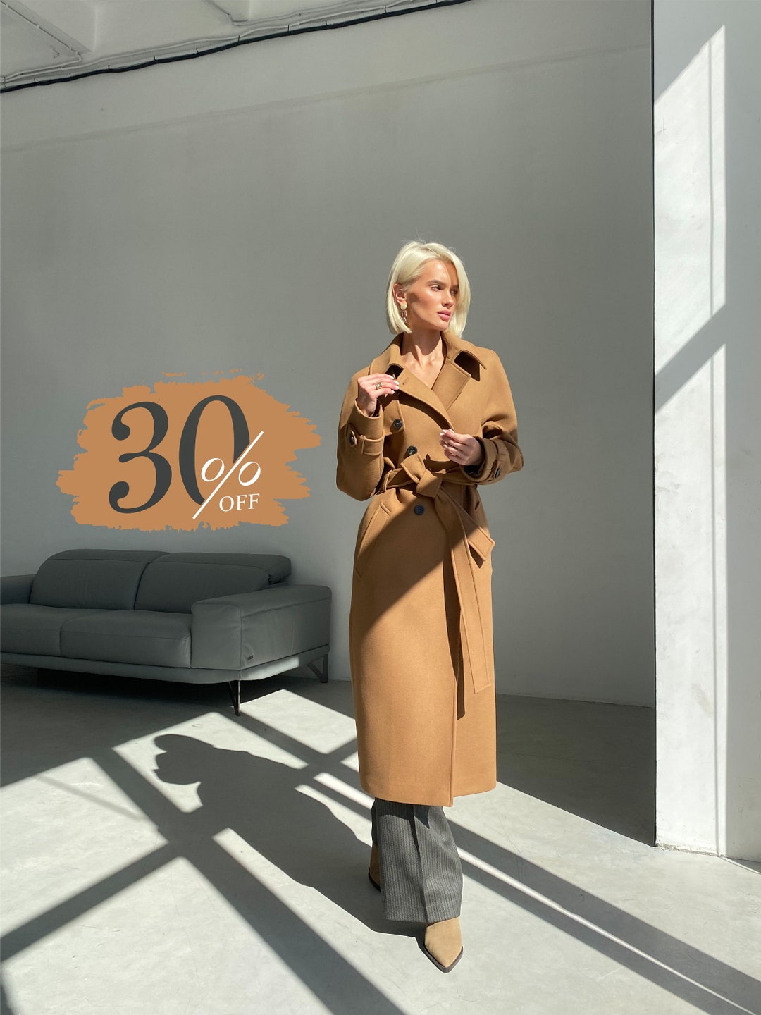 Camel Wool Trench Coat, Tan Trench Coat, Warm Winter Coat, Long Trench