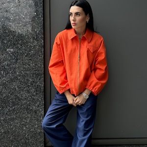 Orange 100% cotton bomber jacket, Cropped zip-up red jacket, Fall-spring lined jacket, Oversized lightweight short jacket