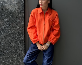 Orange 100% Cotton Bomber Jacket, Cropped Zip-up Red Jacket, Fall