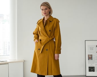 Mustard yellow trench coat, Dark yellow trench coat, Trench raincoat, Trench coat women, Petite trench coat, Short trench jacket with belt