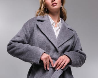 Light Gray Alpaca Wool Coat, Luxury Single-breasted Winter 100