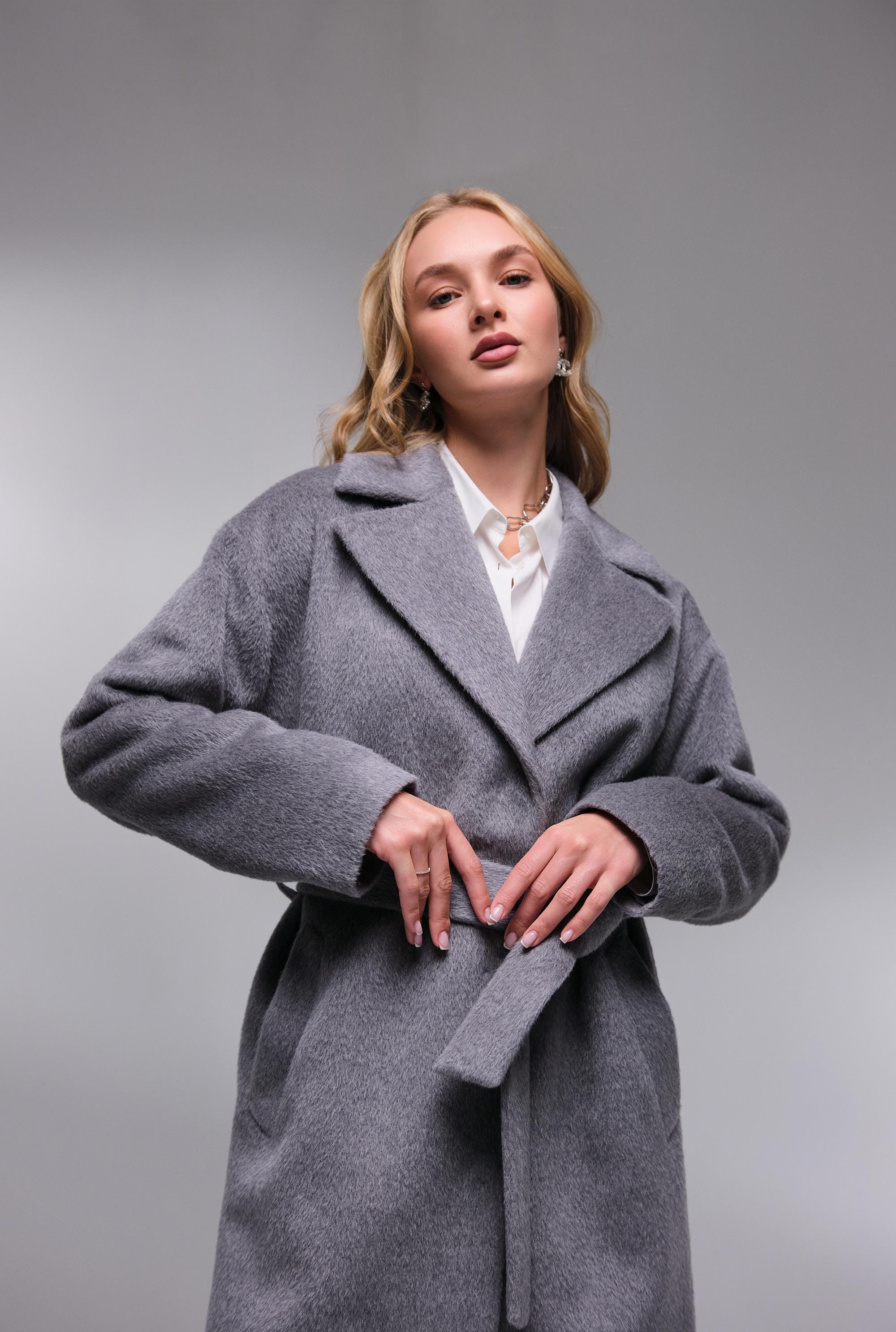 Light Gray Alpaca Wool Coat, Luxury Single-breasted Winter 100