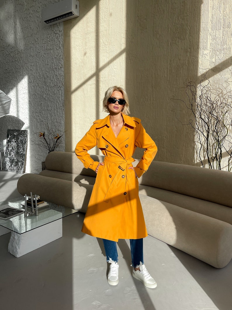 Yellow orange trench coat, Waterproof trench coat, Spring trench coat, Cotton trench, Lined jacket, Oversized coat, Long trench coat