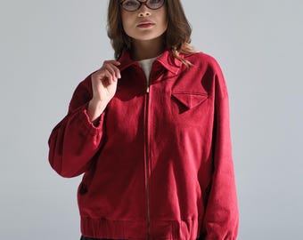 Cherry Red Cotton Bomber Jacket, Cropped Oversized Lined Jacket