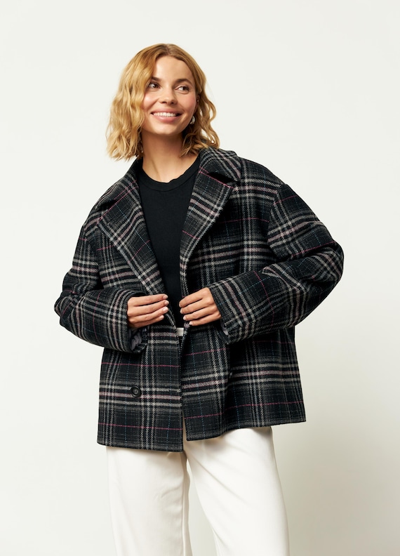 【KHAITE】 tartan WOOL melton short COAT Cropped Black Wool Peacoat, Plaid Short Wool Jacket, Double