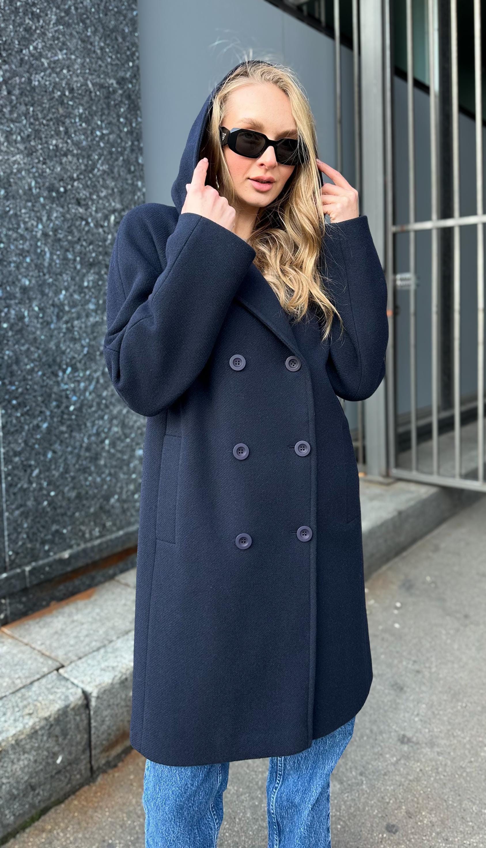 Navy Hooded Wool Coat, Short Double Breasted Winter Coat - Etsy Canada
