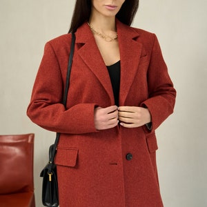 Terracotta long wool coat, Single-breasted rust power shoulder overcoat, Oversized fall coat, Boyfriend burnt orange red winter coat