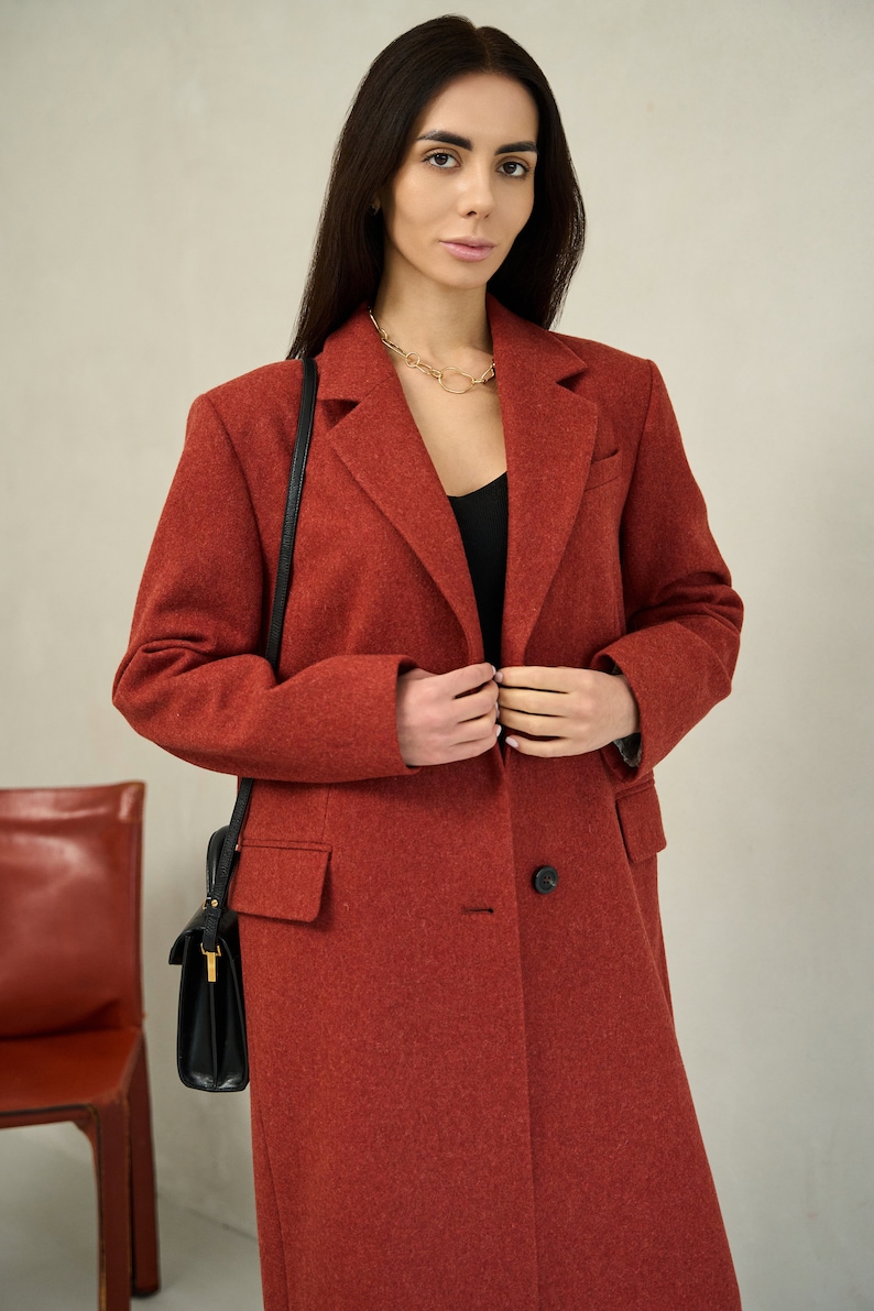 Terracotta long wool coat, Single-breasted rust power shoulder overcoat, Oversized fall coat, Boyfriend burnt orange red winter coat