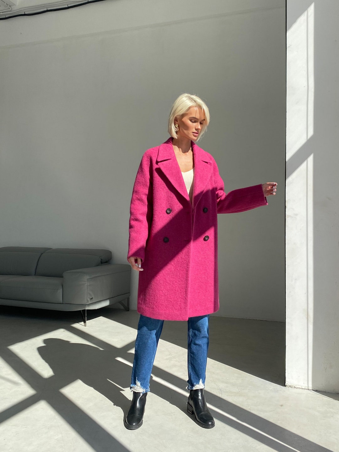 Hot Pink Coat, Mohair Wool Coat, Fuchsia Coat, Pink Wool Coat, Short